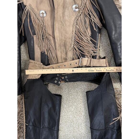VTG UNIK Jacket Womens Medium Black Tan Leather Fringe Western Motorcycle Chaps - Picture 4 of 16